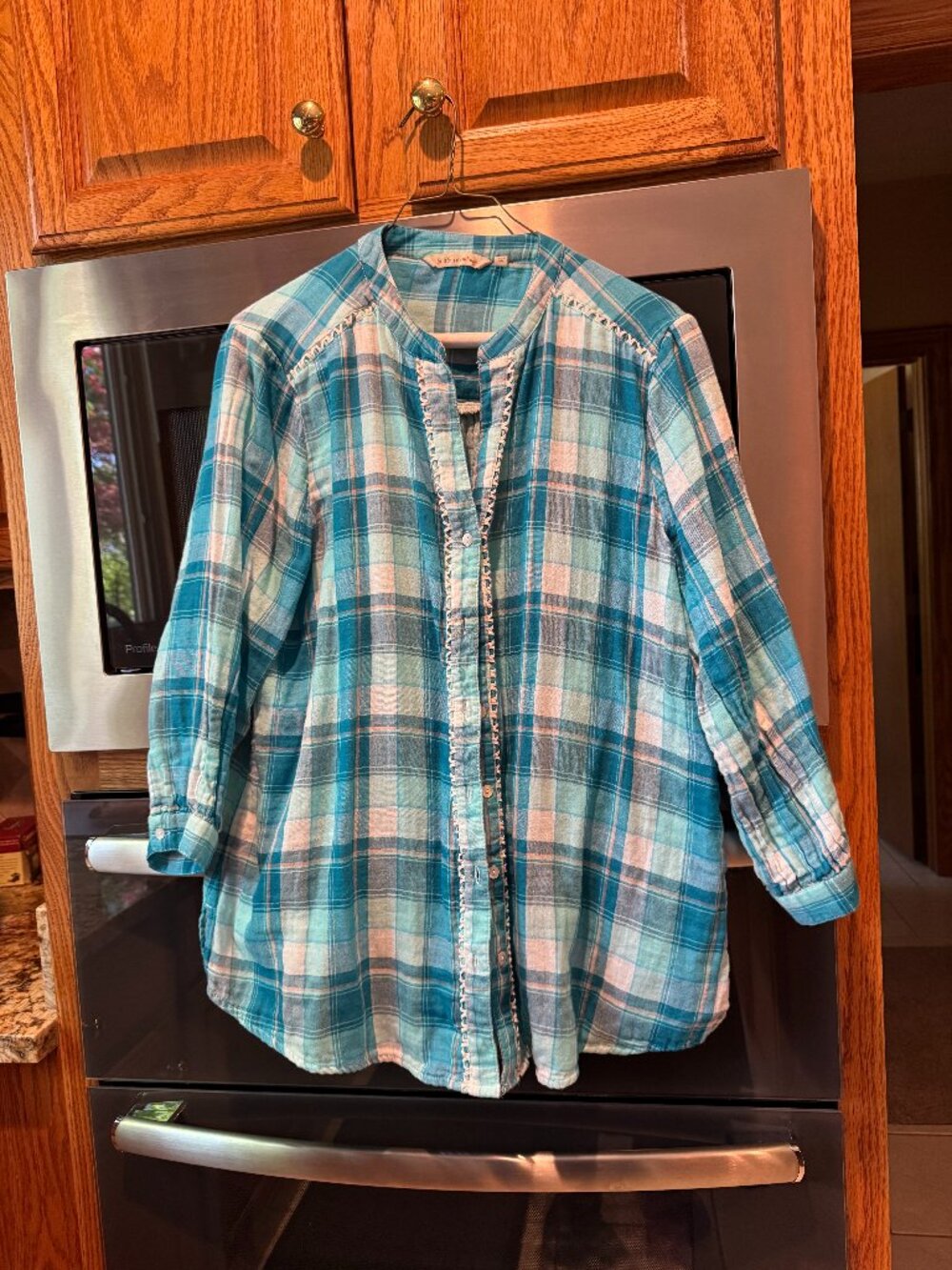 Soft Surroundings Blue/Green Plaid Button Front Blouse 3/4 Sleeve Women's XL